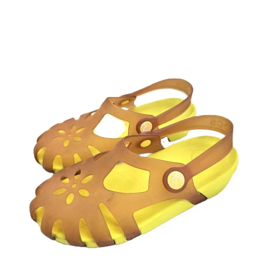 Crocs Neon Yellow Flower Shirley Clogs Peep Toe Sandals Slides Mary Jane